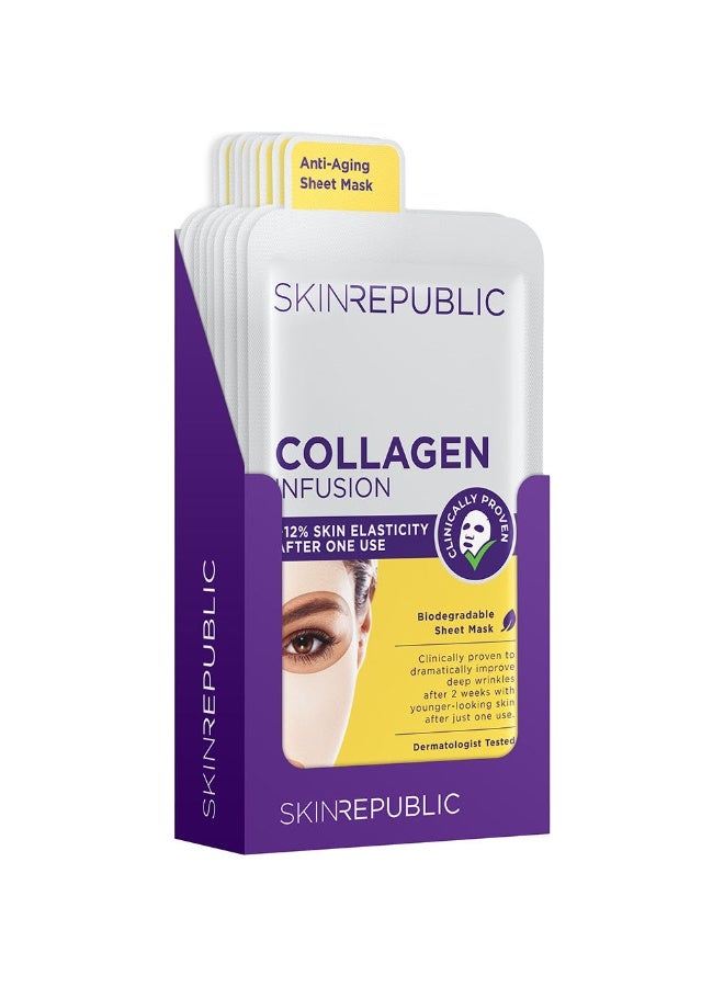 SKIN REPUBLIC Anti-Aging Face Mask Sheet (10 Masks) - Collagen Infused Serum with Elastin & Vitamin E, Reduces Wrinkles, Improves Skin Texture, Hydrates & Revitalizes, Younger-Looking Skin After One Use - Image 1
